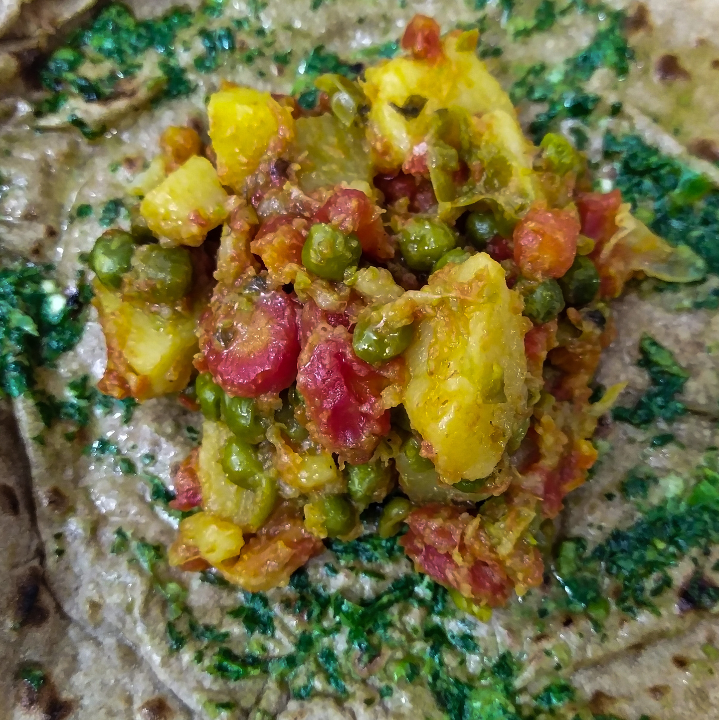 Mixed vegetables on the chapati ,desi food with desi ghee